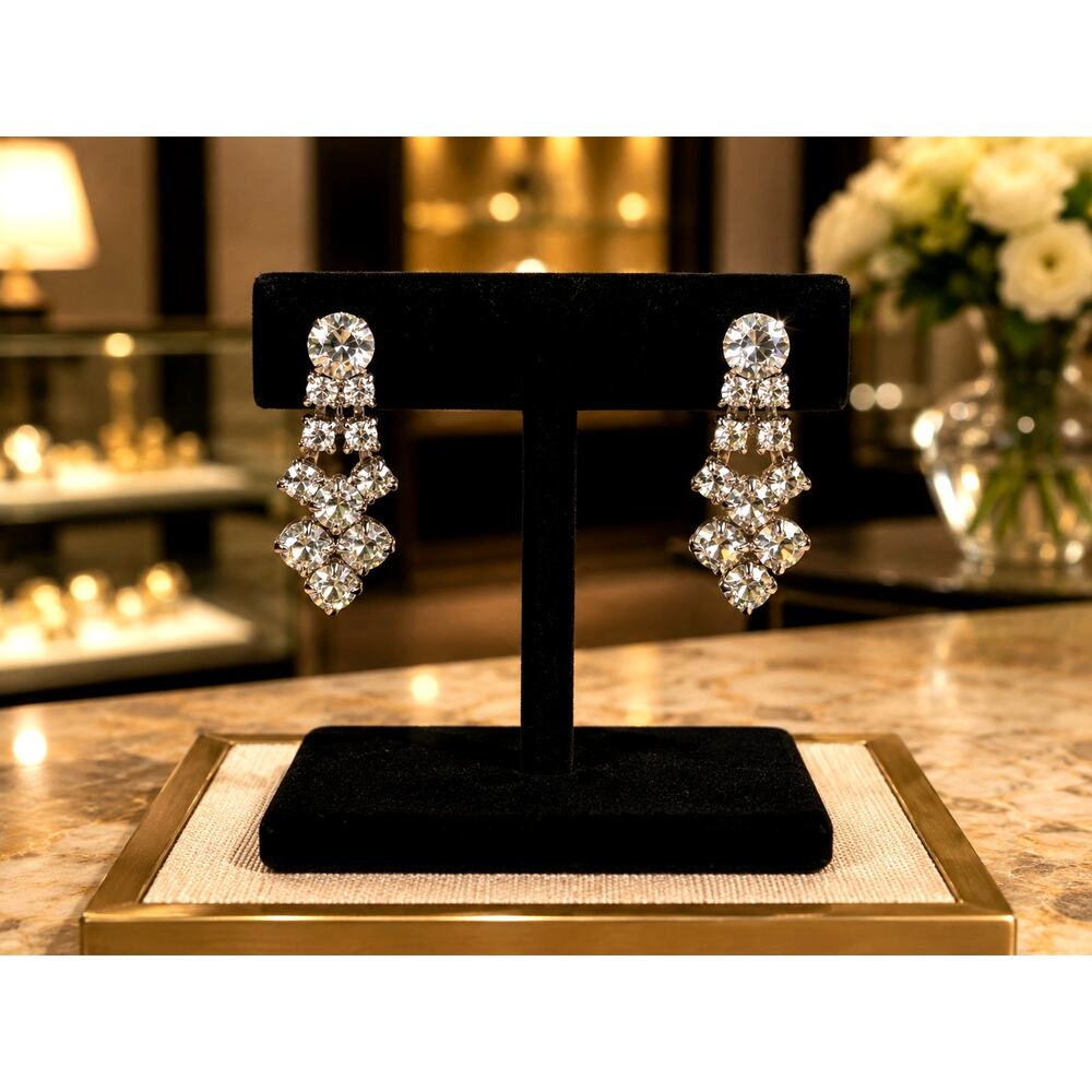 Vintage 1950s Rhinestone Screw Back Earrings Clear Crystal Dangle Bridal Glam